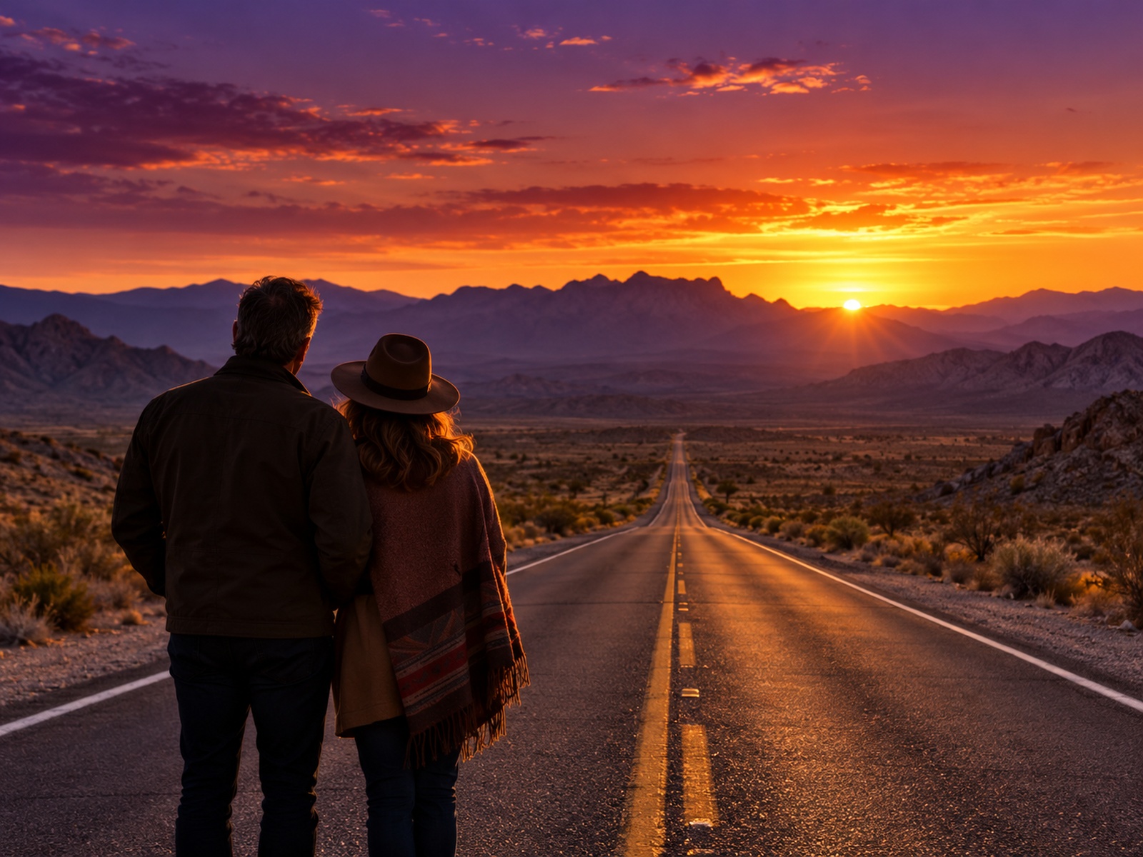 Empty desert highway at sunset near the Arizona, Nevada and California border