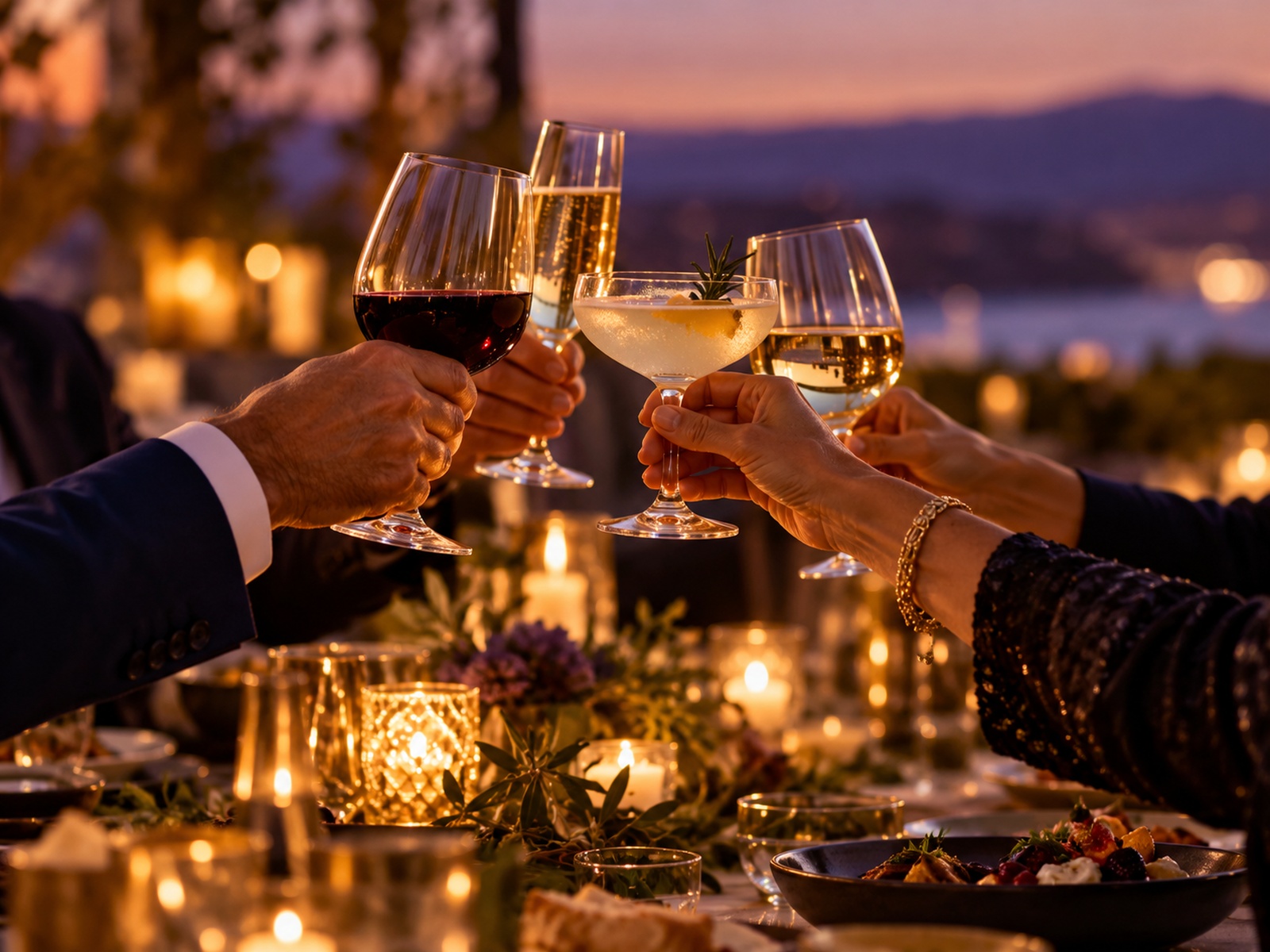 Hands raising glasses in a toast over a dinner table