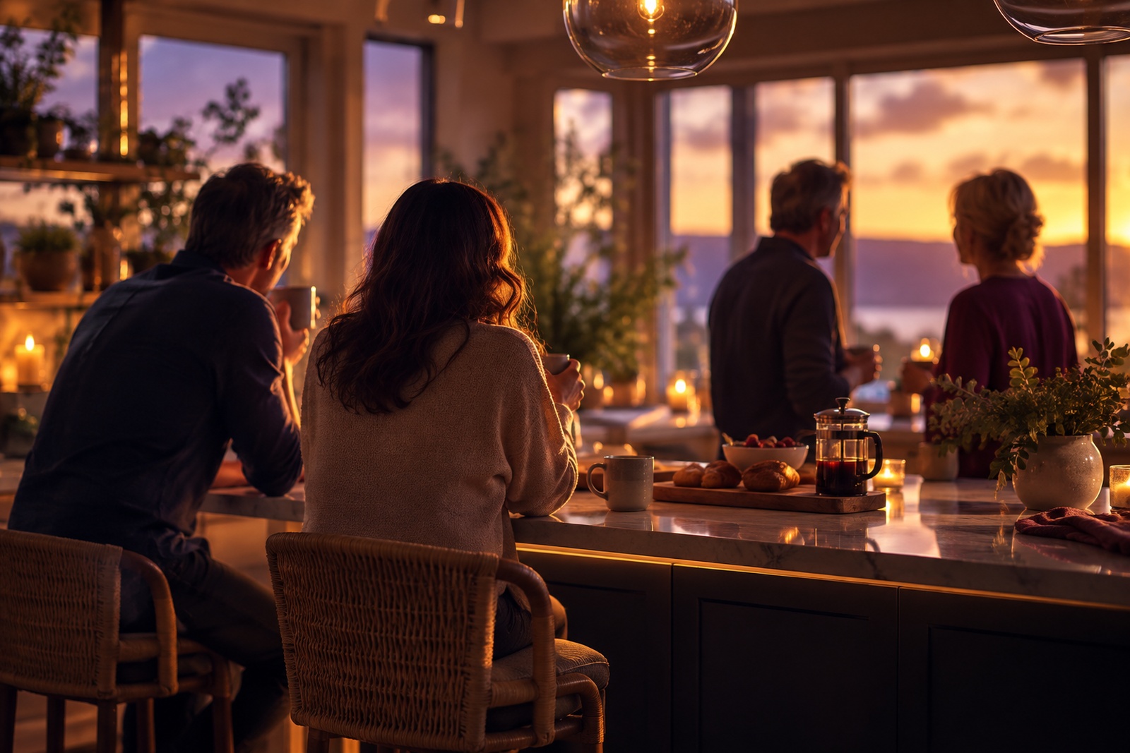 Two couples talking over coffee at a kitchen island