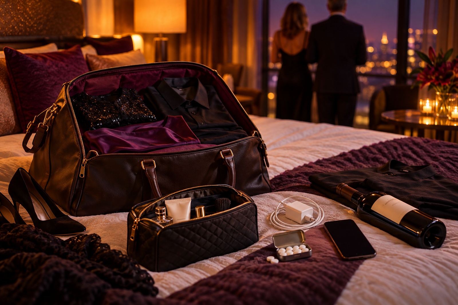An overnight bag being packed on a bed with evening clothes and a bottle of wine