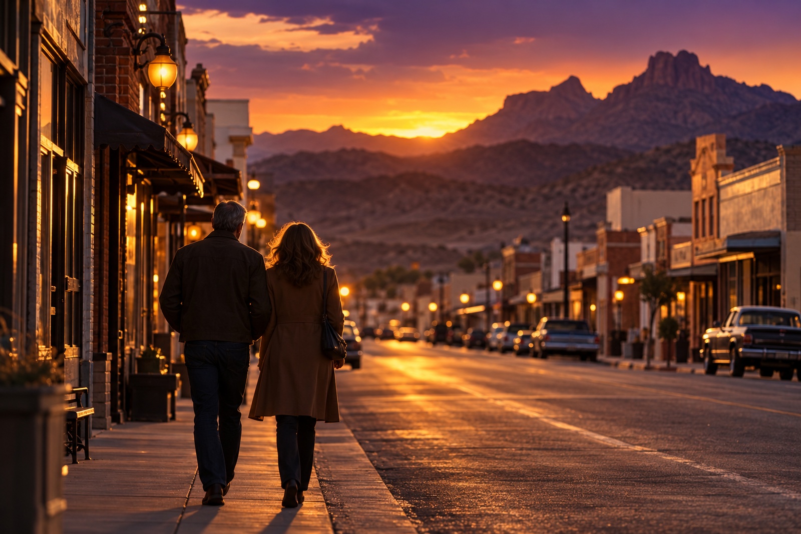 Downtown street in Kingman, Arizona at golden hour