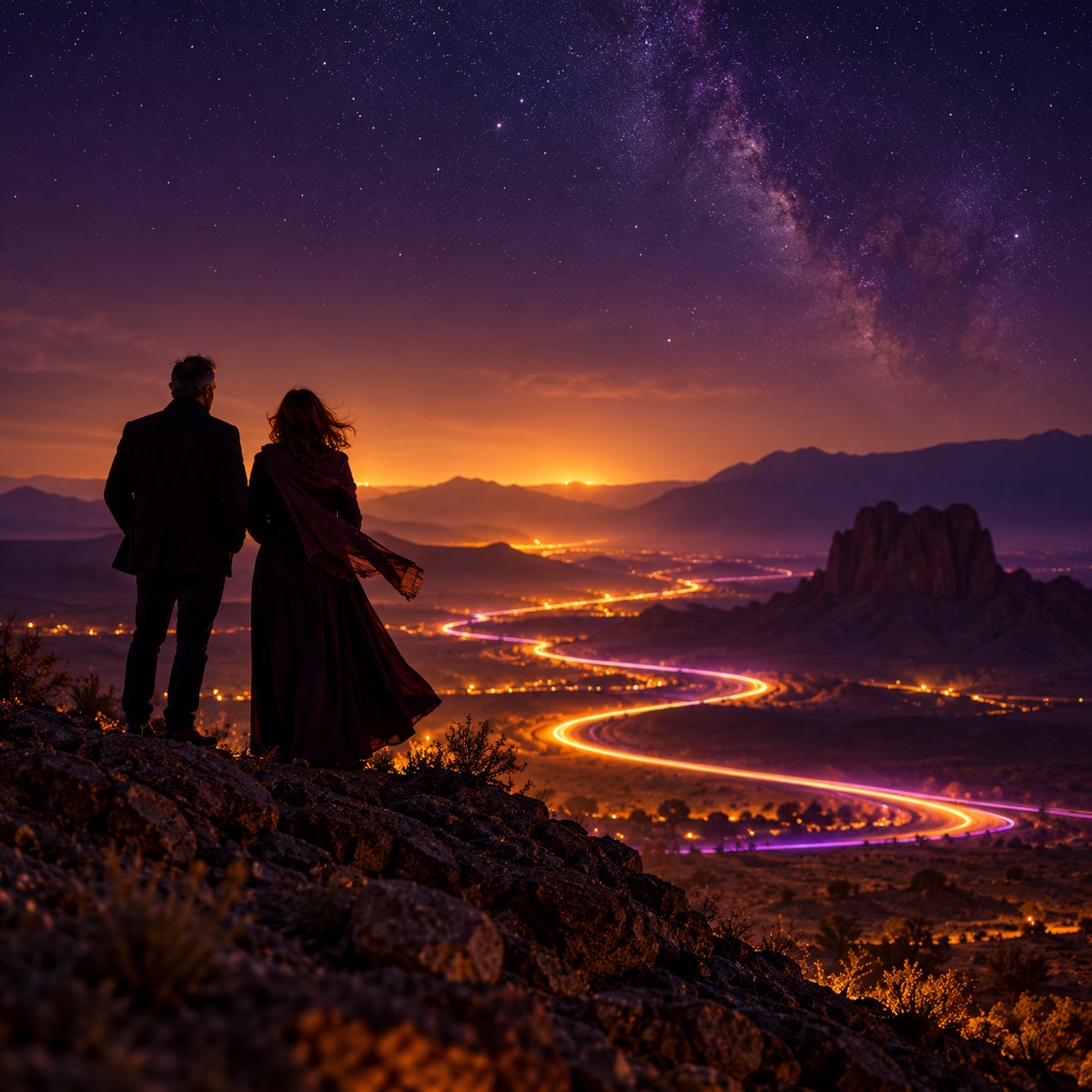 Abstract cover art: violet and amber light trails over a desert horizon