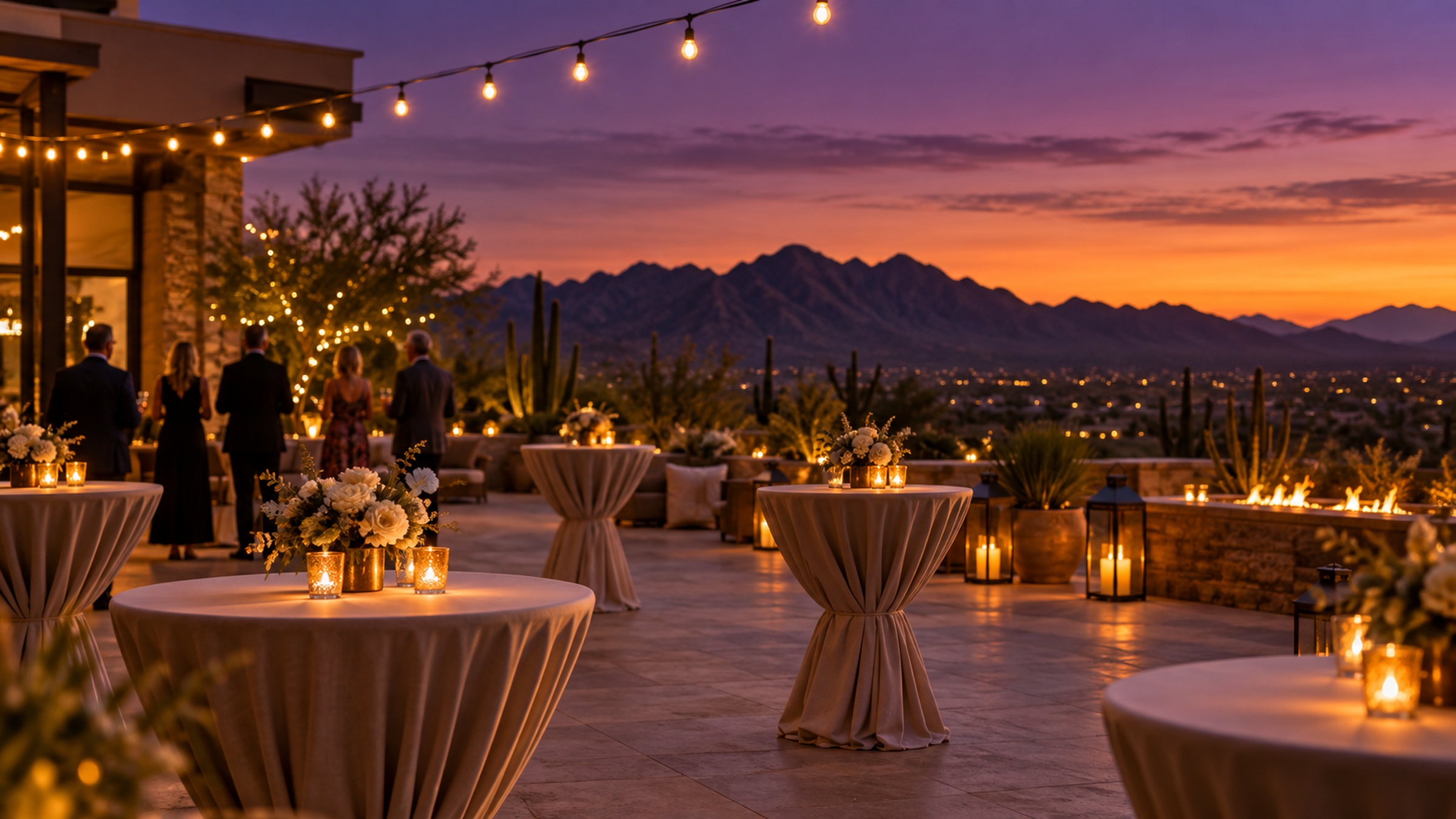 Hotel terrace at dusk with string lights and cocktail tables set before guests arrive