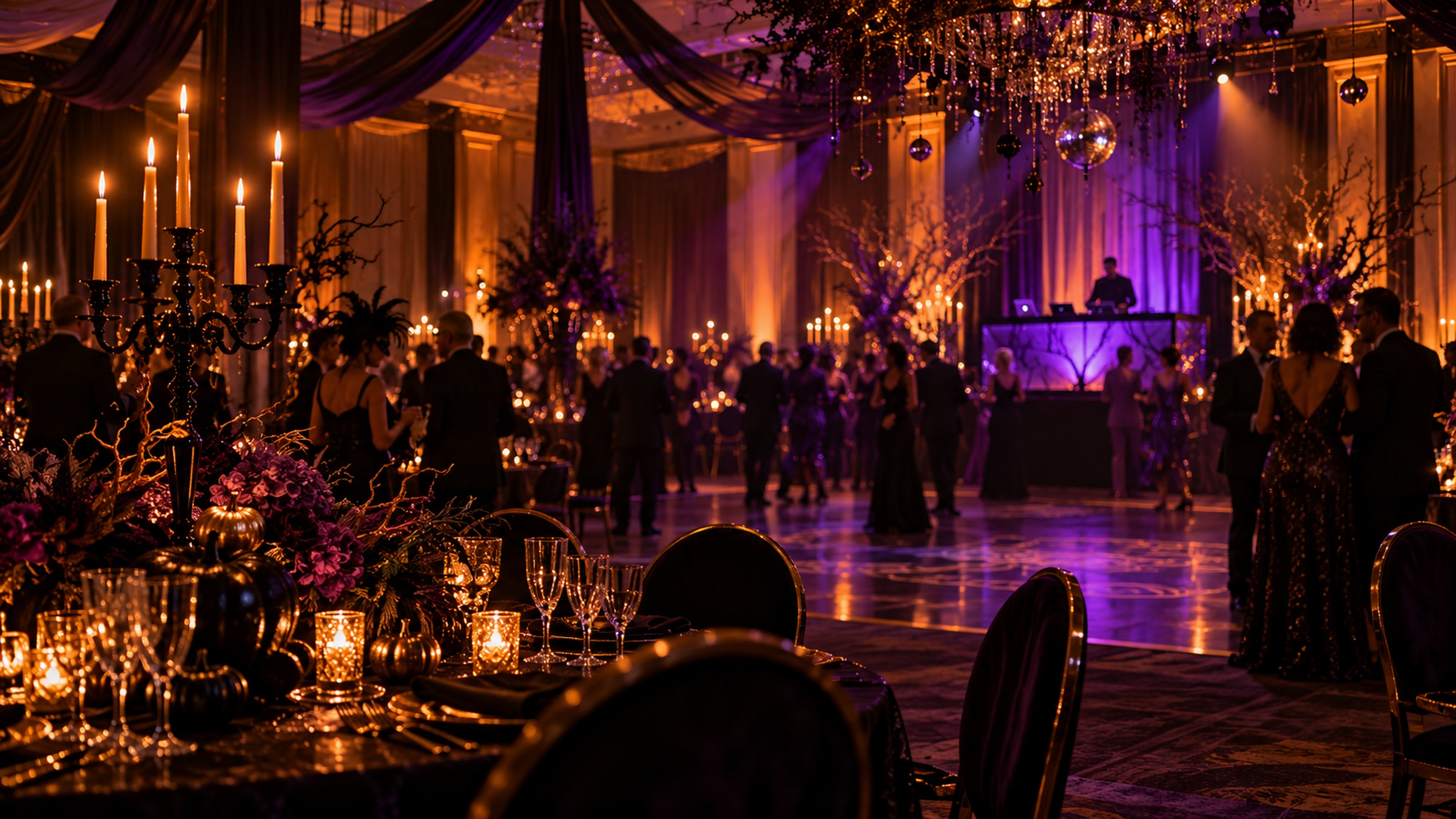 Hotel ballroom dressed for a Halloween gala