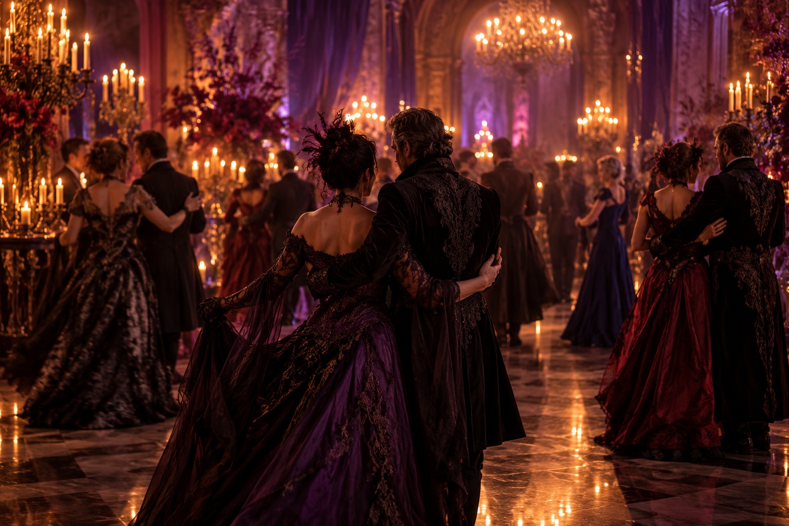 Couples in elegant Halloween costumes on a dance floor