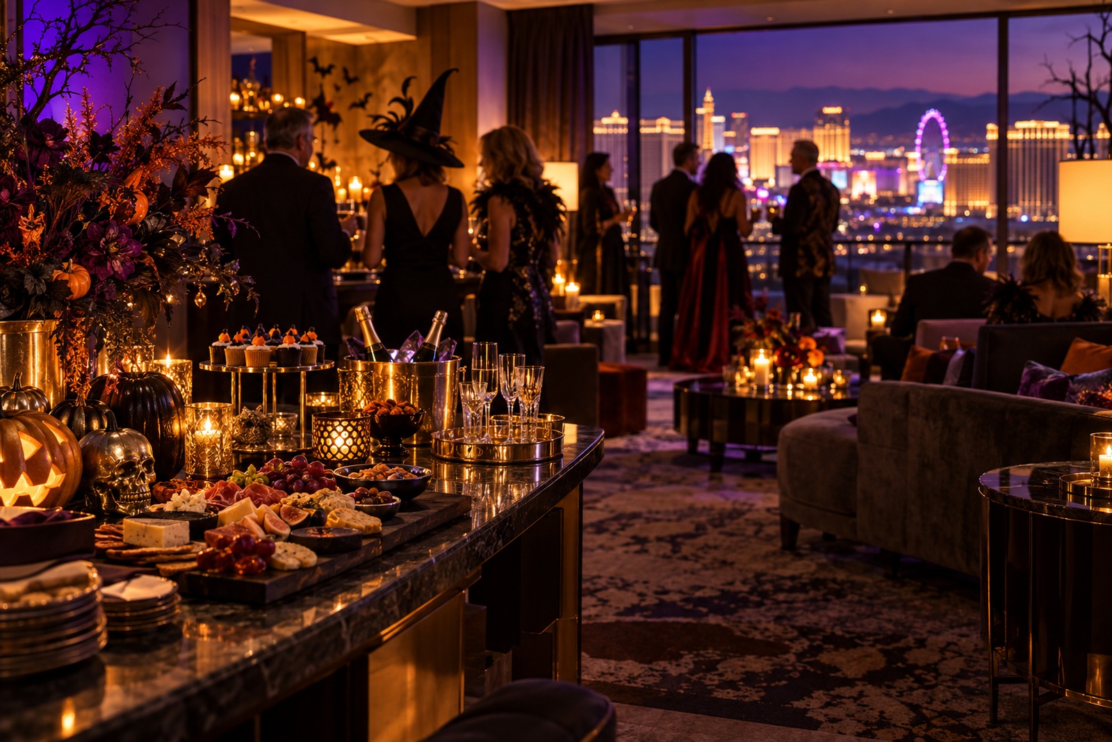 Hotel suite set up as a hospitality lounge with Halloween decorations