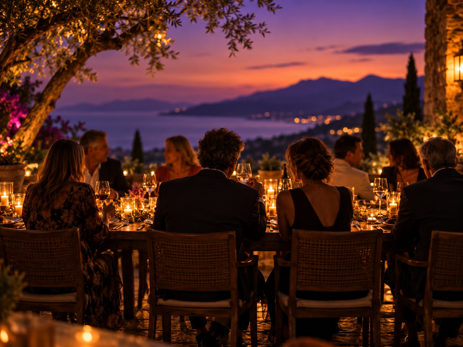 Couples talking over a candlelit group dinner
