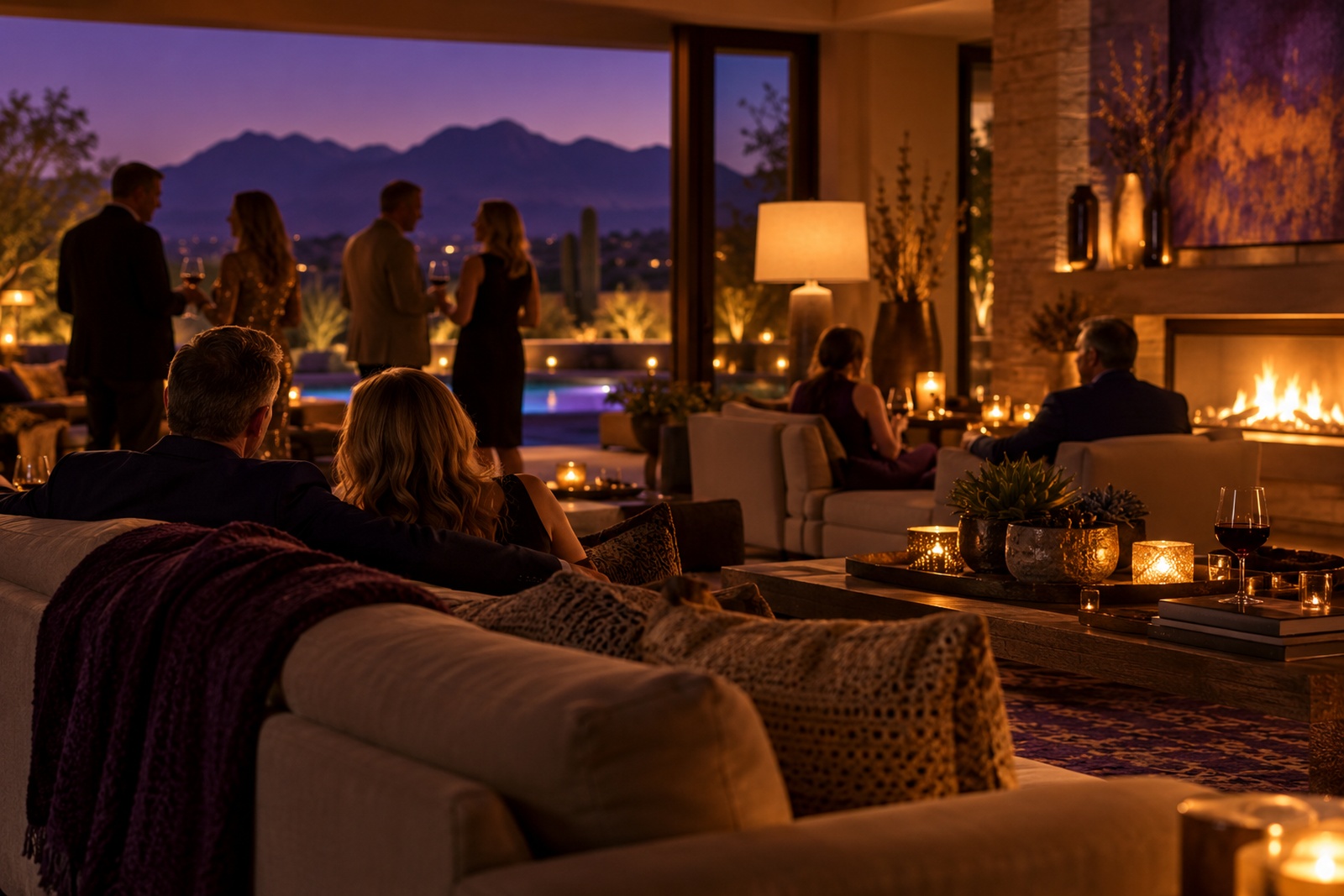 Living room of a desert home during a small evening party