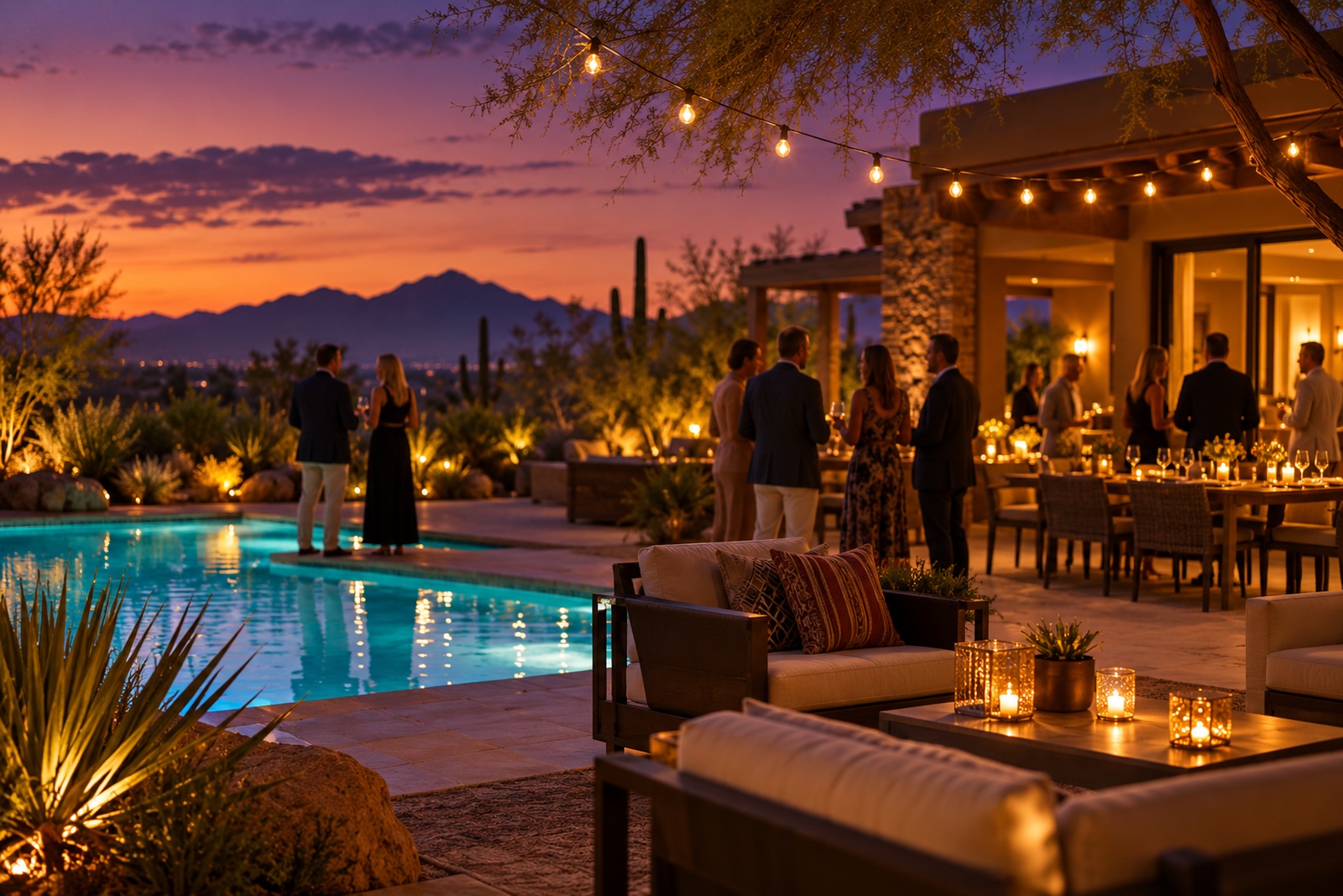 Back patio of a desert home at dusk with string lights and a lit pool