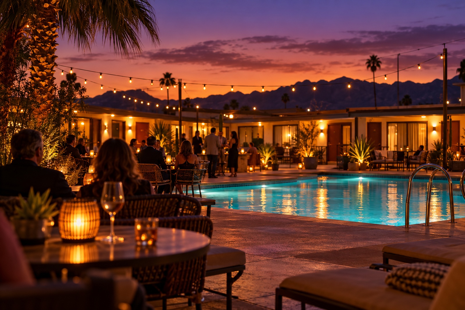 Hotel courtyard in Kingman, Arizona at dusk with a lit pool and string lights