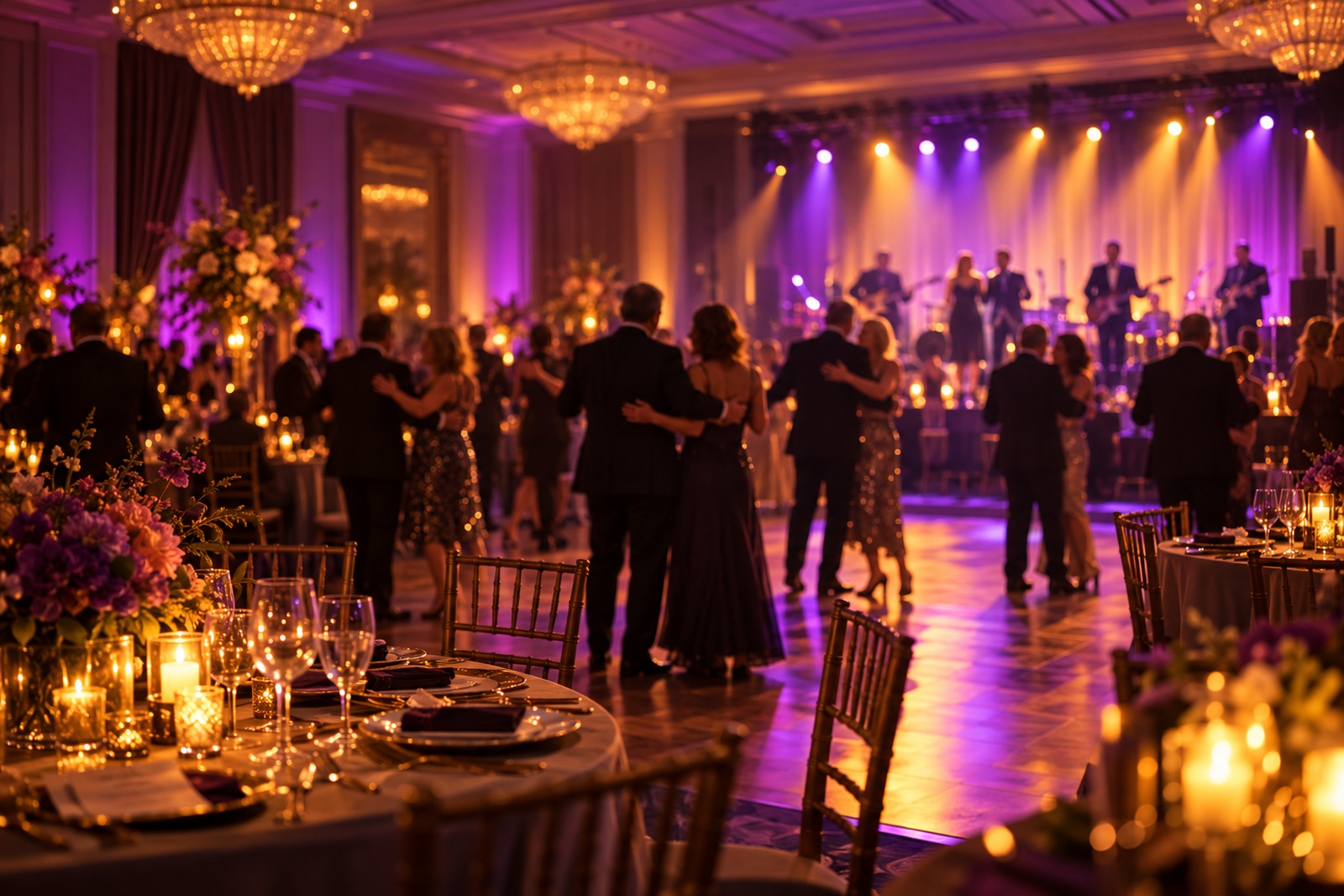 Hotel ballroom with couples on the dance floor under violet and amber lights