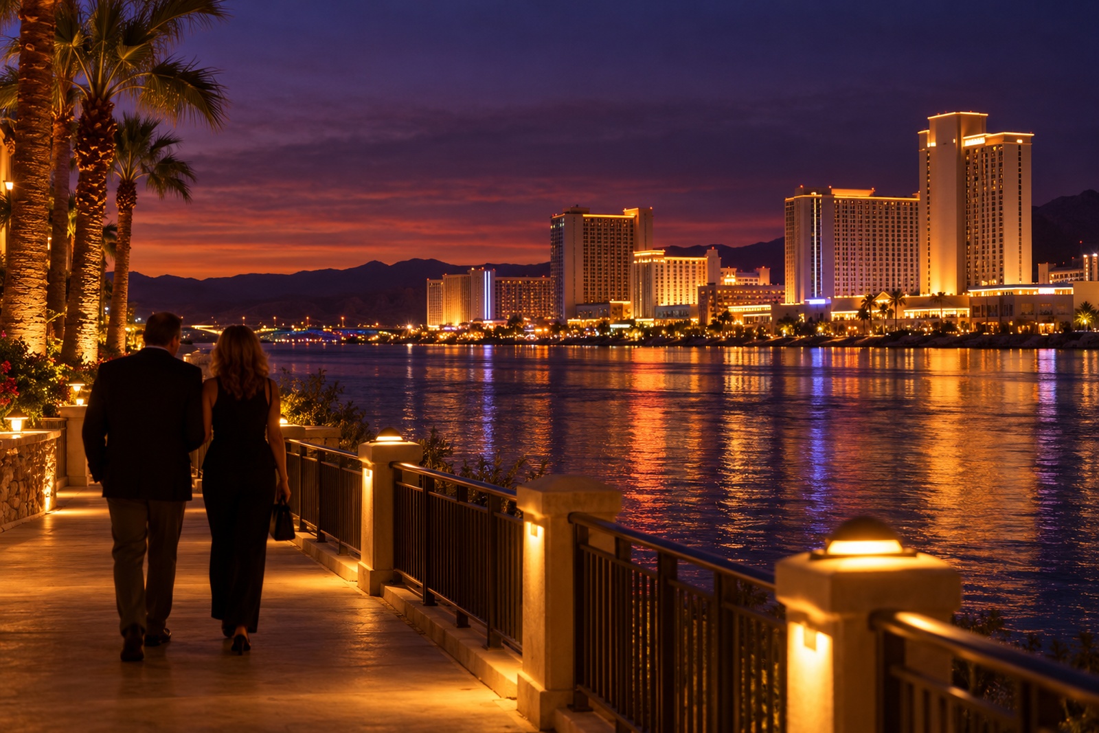 Casino hotel riverfront in Laughlin at night with lights reflected in the Colorado River