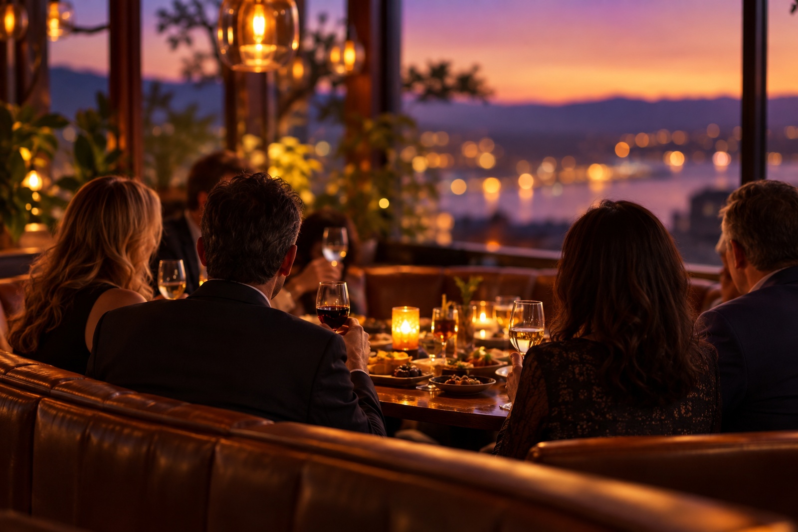Couples meeting over drinks at a restaurant booth