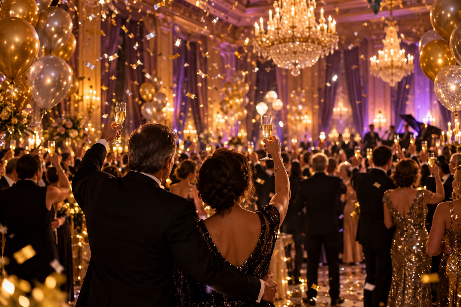 New Year’s Eve ballroom at midnight with balloons and confetti