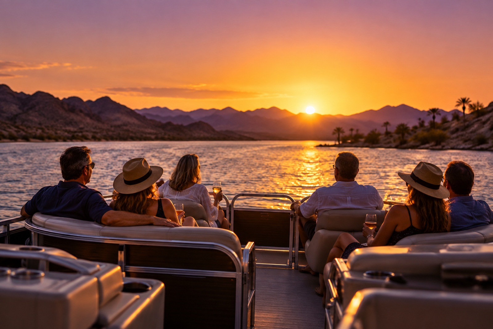 Couples on a pontoon boat on Lake Havasu in late afternoon light
