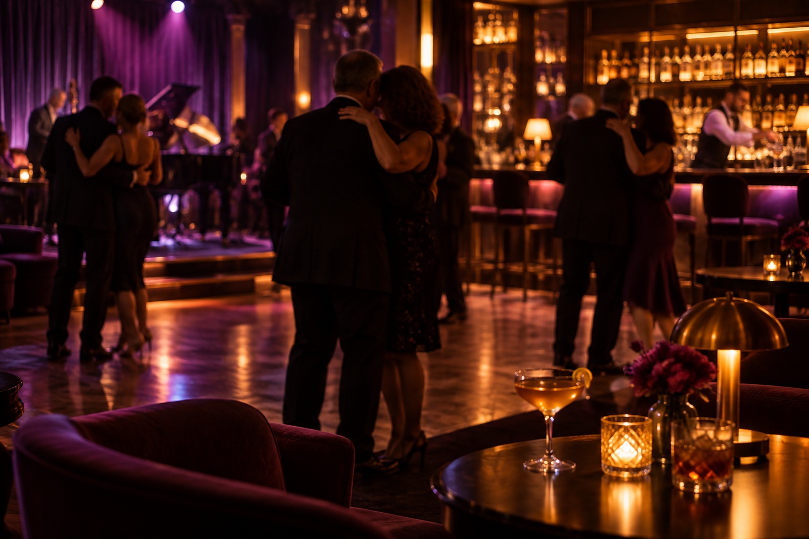Couples dancing in a dim cocktail lounge