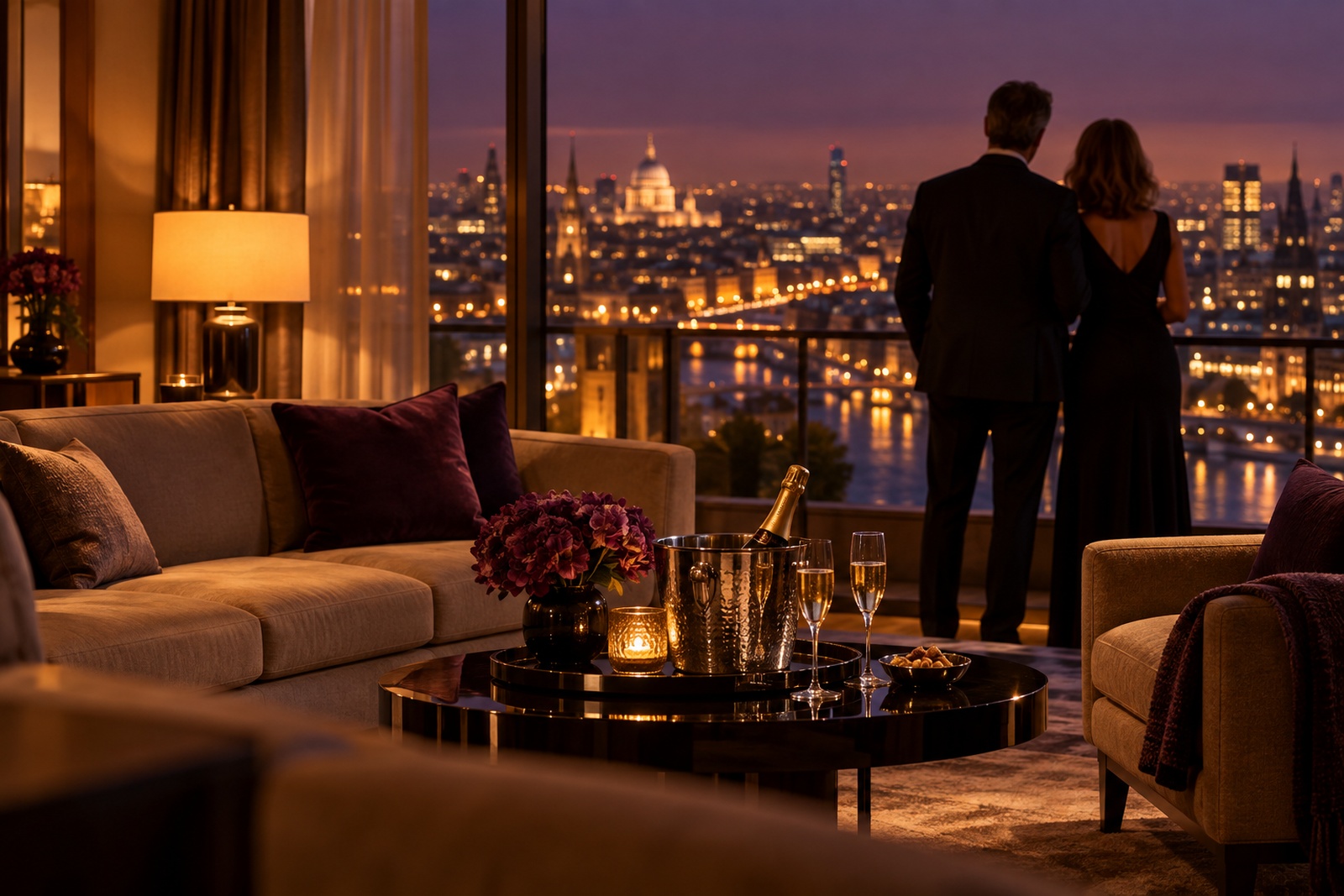 Hotel suite living area at night with low lamps and an ice bucket