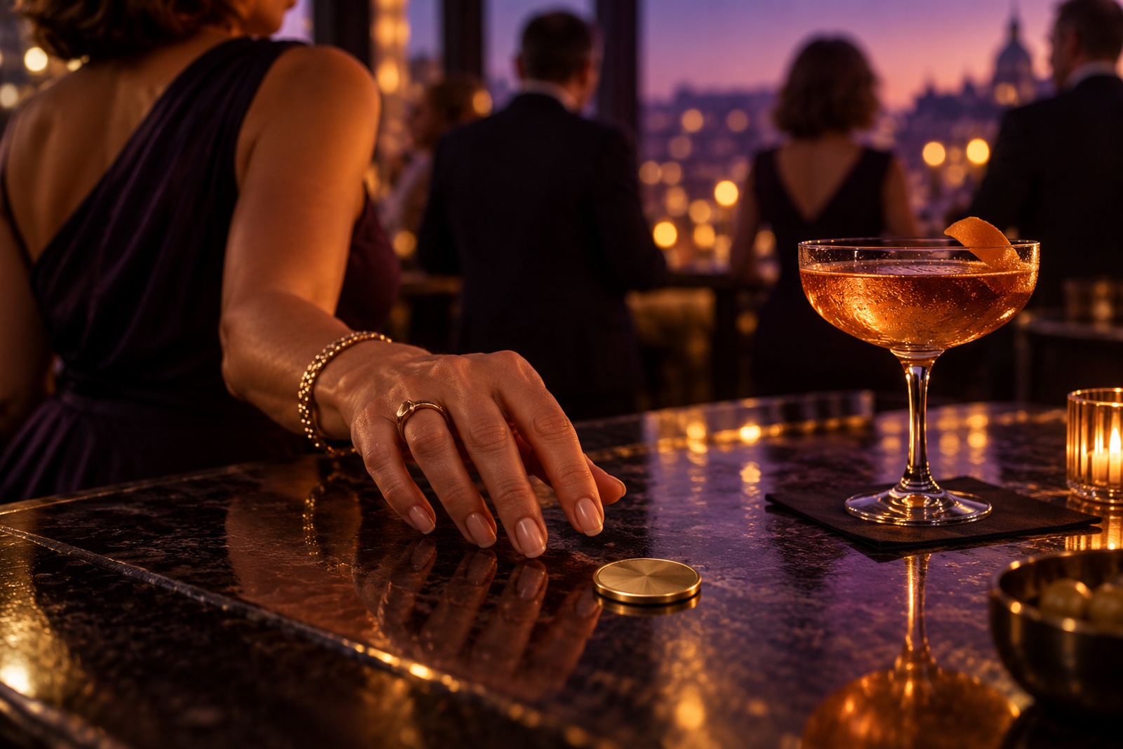 A brass token on a dark bar beside a cocktail glass