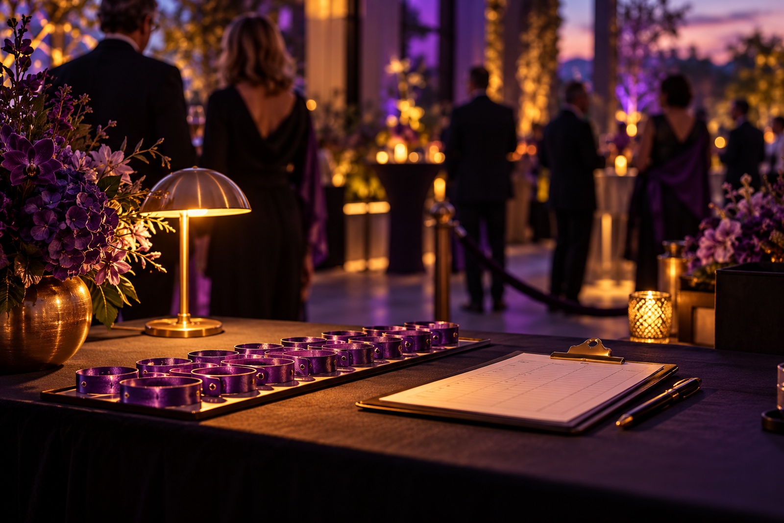 Event check-in table with wristbands and a guest list