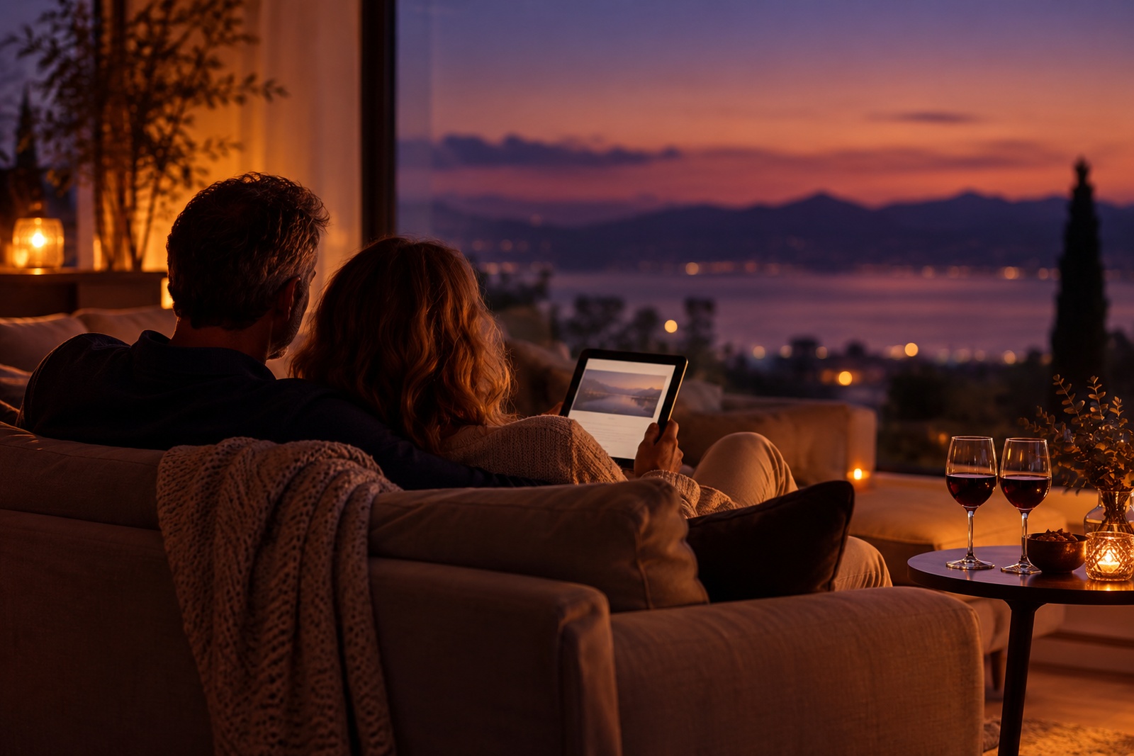 A couple reading together on a sofa in the evening